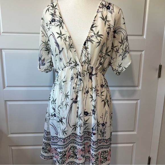 Francesca’s MD Sheer Floral Birds Deep V-Neck White‎ Coverup Tie Waist Dress - Picture 1 of 7